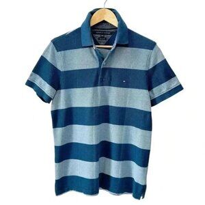 Tommy Hilfiger Mens Polo Shirt Custom Fit Short Sleeves Teal Green Stripes Small